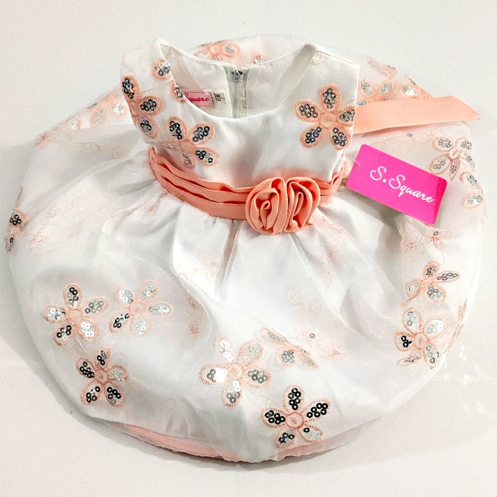 New Baby Occasion Dress White Pink Sequin Flowered Mesh Layered Tulle 6M
